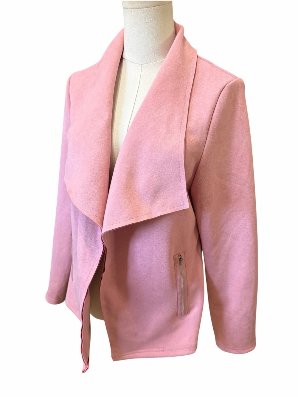 Pretty Garden Faux Suede Pink Women's Draped Open-Front Jacket Sz M